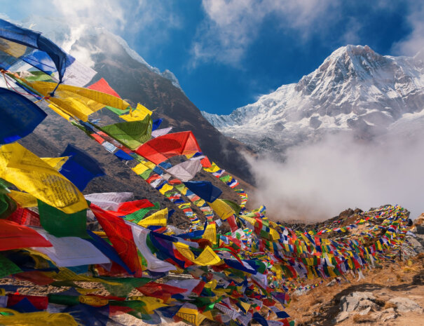Prayer flags and Mt. Annapurna I background from Annapurna Base Camp ,Nepal.